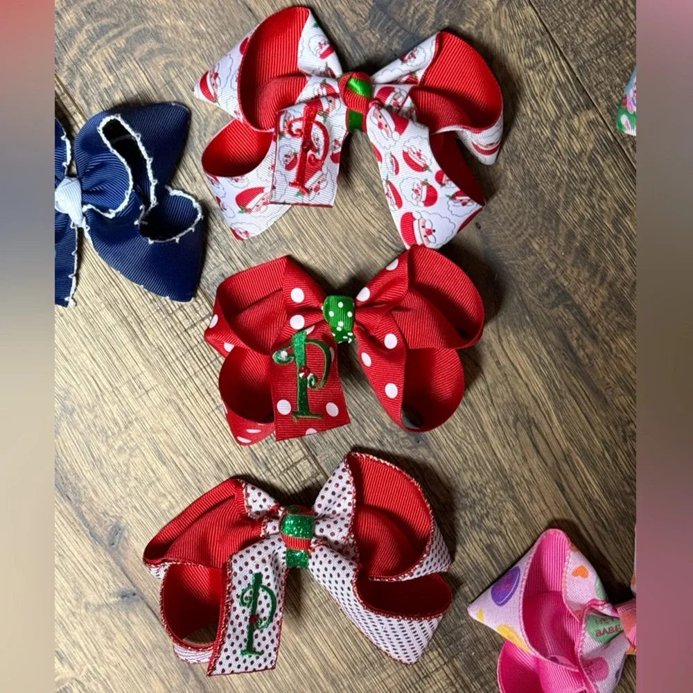 Handmade Red, Green, and White Christmas Hair Bows with the Letter P Embroidery.